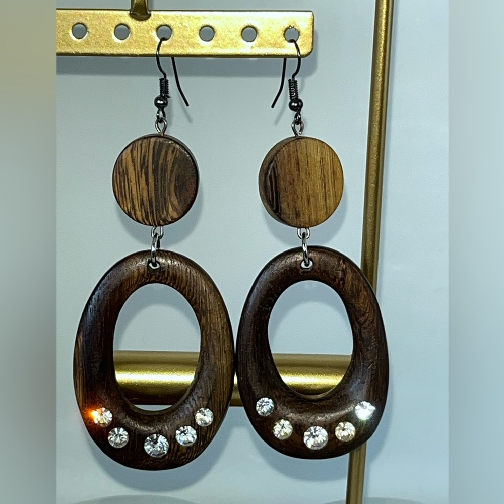 Unique Wood Earrings w/Rhinestones
